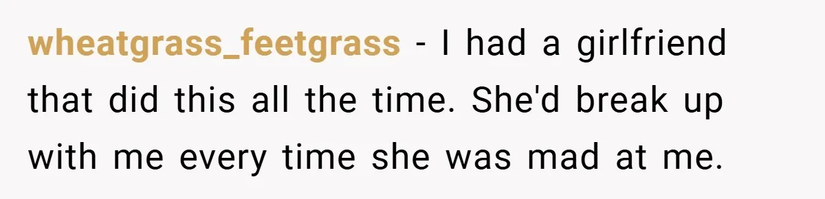 wheatgrass_feetgrass − I had a girlfriend that did this all the time. She'd break up with me every time she was mad at me.