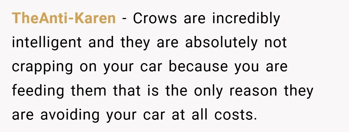 Petty Revenge Gone Feathered: How Crows Became Her Secret Weapon TheAnti-Karen − Crows are incredibly intelligent and they are absolutely not crapping on your car because you are feeding them that is the only reason they are avoiding your car...