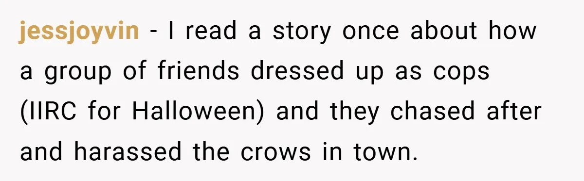 Petty Revenge Gone Feathered: How Crows Became Her Secret Weapon jessjoyvin − I read a story once about how a group of friends dressed up as cops (IIRC for Halloween) and they chased after and harassed the crows in town.