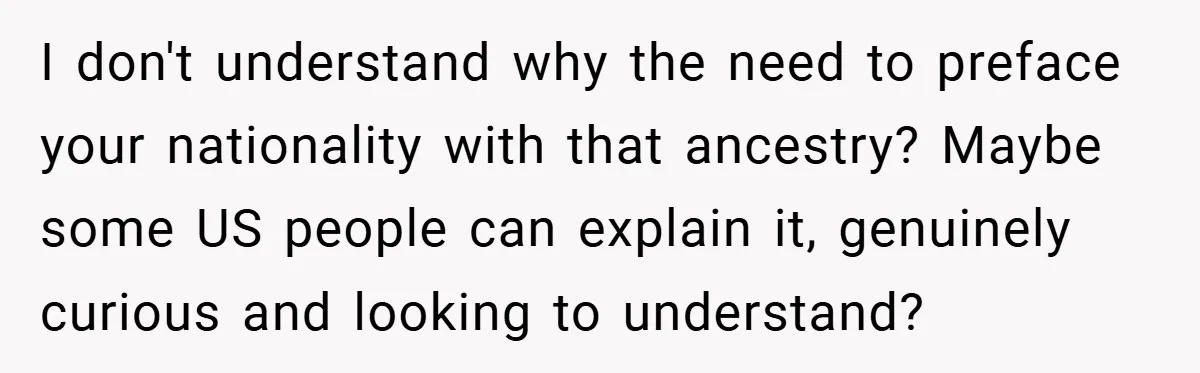 I don't understand why the need to preface your nationality with that ancestry? Maybe some US people can explain it, genuinely curious and looking to understand?