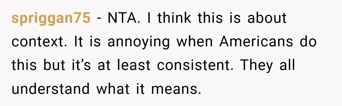spriggan75 − NTA. I think this is about context. It is annoying when Americans do this but it’s at least consistent. They all understand what it means.