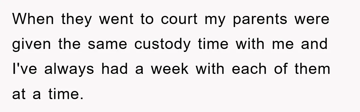 Teen Chooses Dad To Escape Mom’s Parentification And Forced ‘Dad’ Title For Stepfather When they went to court my parents were given the same custody time with me and I've always had a week with each of them at a time.