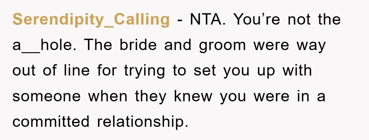 Serendipity_Calling − NTA. You’re not the a__hole. The bride and groom were way out of line for trying to set you up with someone when they knew you were in...