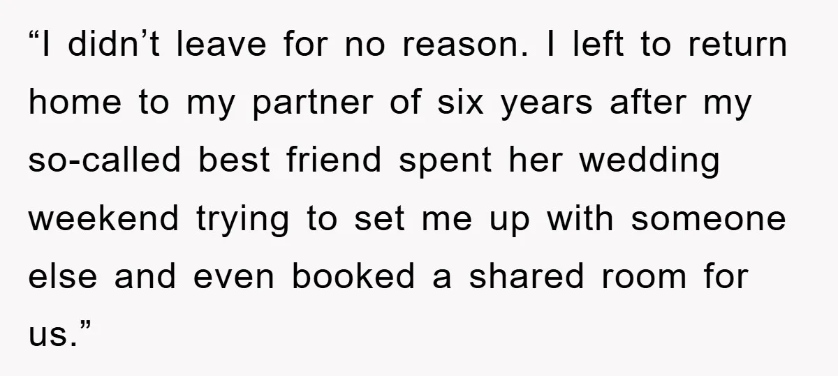 “I didn’t leave for no reason. I left to return home to my partner of six years after my so-called best friend spent her wedding weekend trying to set me...