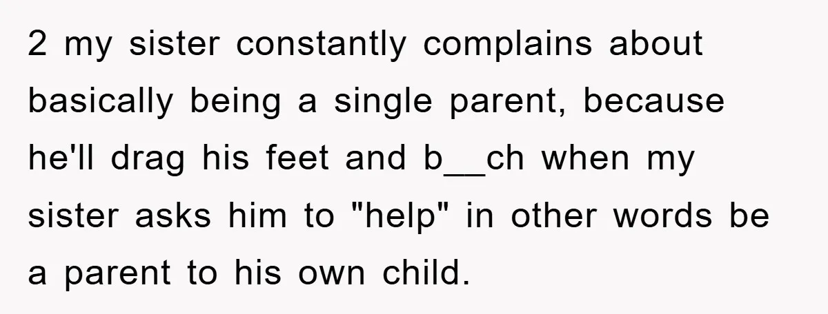 2 my sister constantly complains about basically being a single parent, because he'll drag his feet and b__ch when my sister asks him to "help" in other words be a...