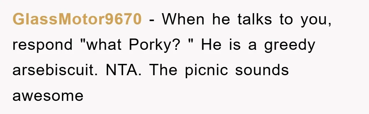 GlassMotor9670 − When he talks to you, respond "what Porky? " He is a greedy arsebiscuit. NTA. The picnic sounds awesome
