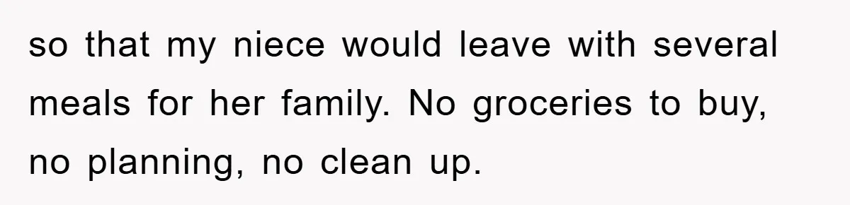 so that my niece would leave with several meals for her family. No groceries to buy, no planning, no clean up.