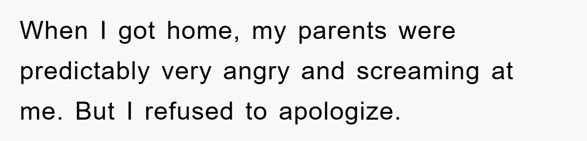 When I got home, my parents were predictably very angry and screaming at me. But I refused to apologize.