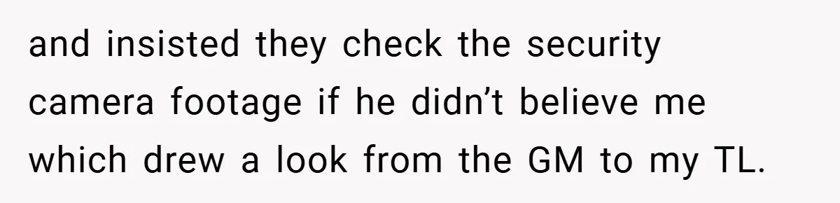 and insisted they check the security camera footage if he didn’t believe me which drew a look from the GM to my TL.