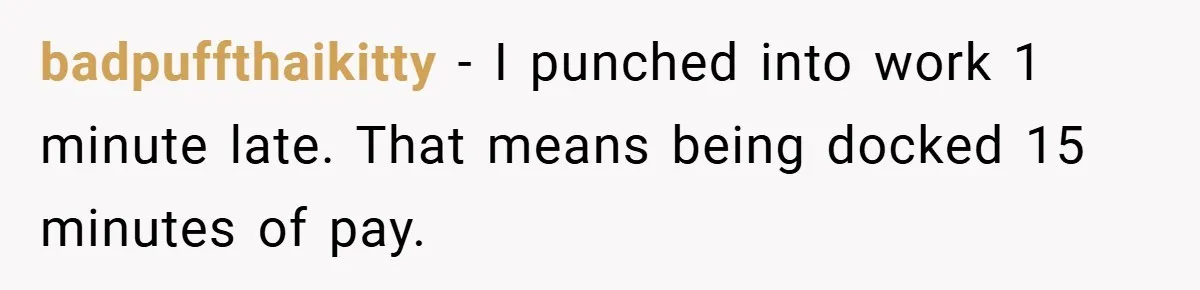 badpuffthaikitty − I punched into work 1 minute late. That means being docked 15 minutes of pay.