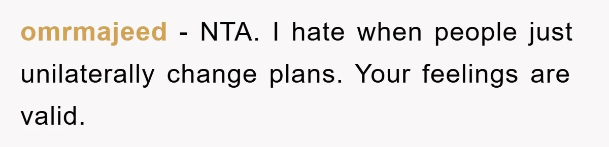 omrmajeed − NTA. I hate when people just unilaterally change plans. Your feelings are valid.