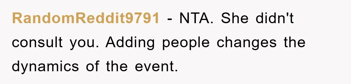RandomReddit9791 − NTA. She didn't consult you. Adding people changes the dynamics of the event.