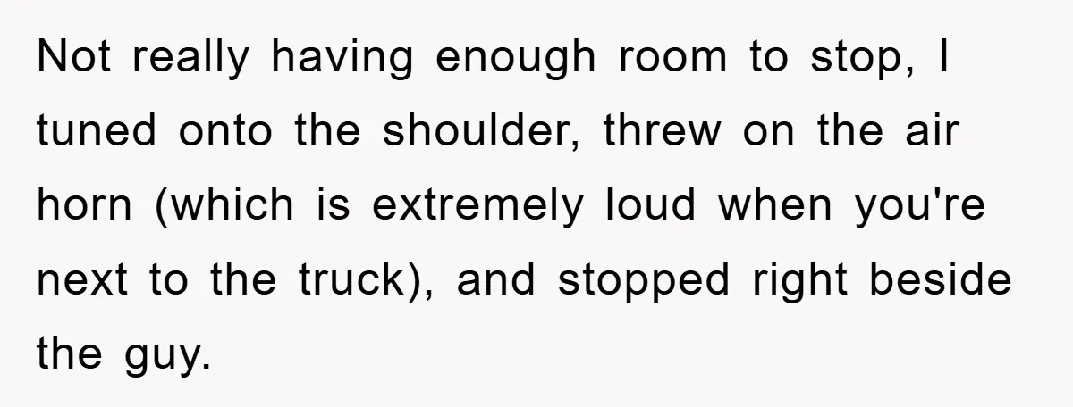 Not really having enough room to stop, I tuned onto the shoulder, threw on the air horn (which is extremely loud when you're next to the truck), and stopped right...