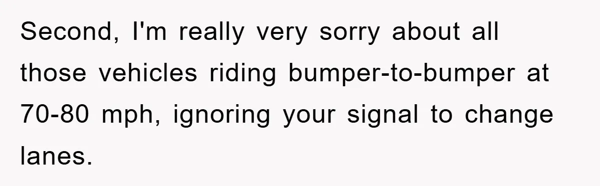 Second, I'm really very sorry about all those vehicles riding bumper-to-bumper at 70-80 mph, ignoring your signal to change lanes.