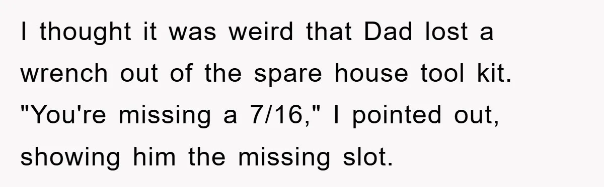 I thought it was weird that Dad lost a wrench out of the spare house tool kit. "You're missing a 7/16," I pointed out, showing him the missing slot.
