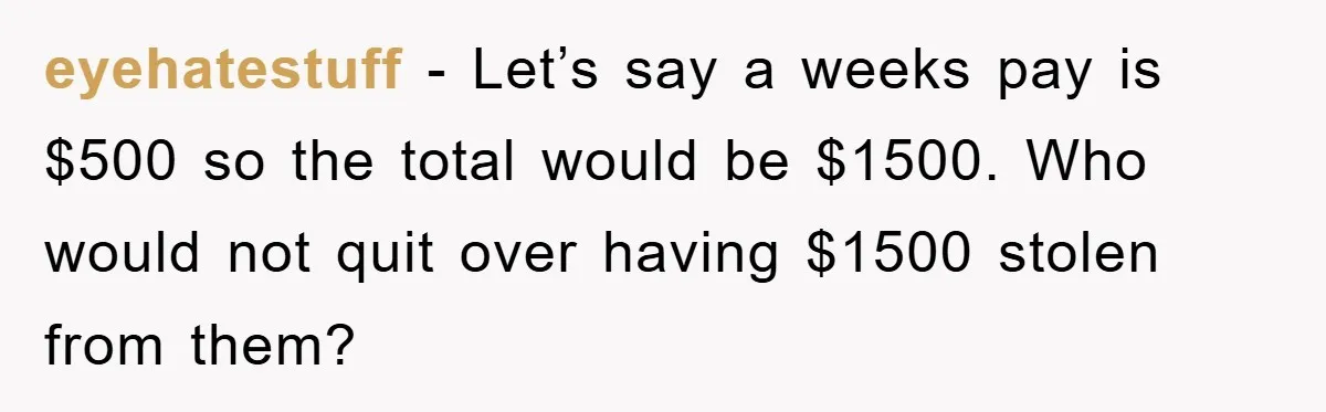 Company Tries To Scam Worker Out Of Vacation, He Quits And Gets Paid eyehatestuff - Let’s say a weeks pay is $500 so the total would be $1500. Who would not quit over having $1500 stolen from them?