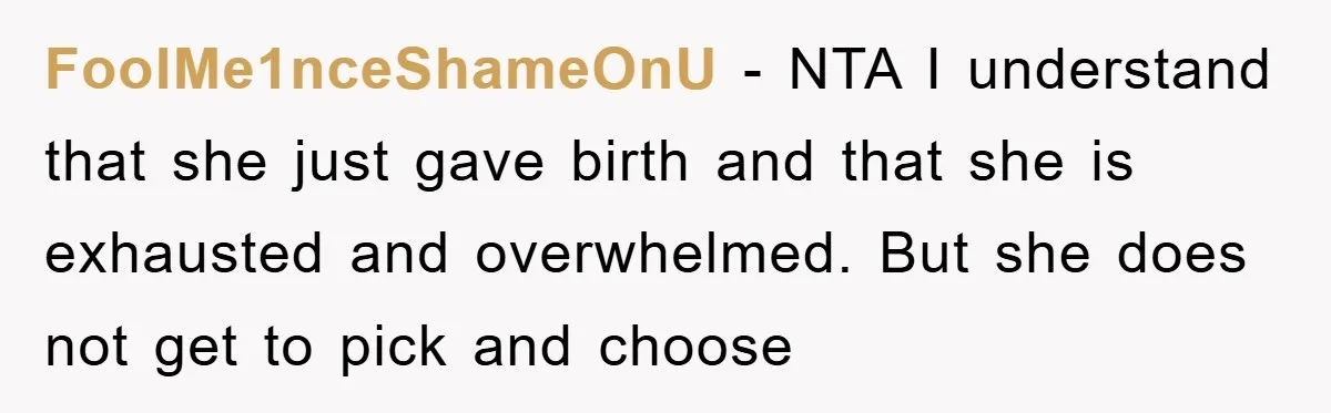 FoolMe1nceShameOnU - NTA I understand that she just gave birth and that she is exhausted and overwhelmed. But she does not get to pick and choose
