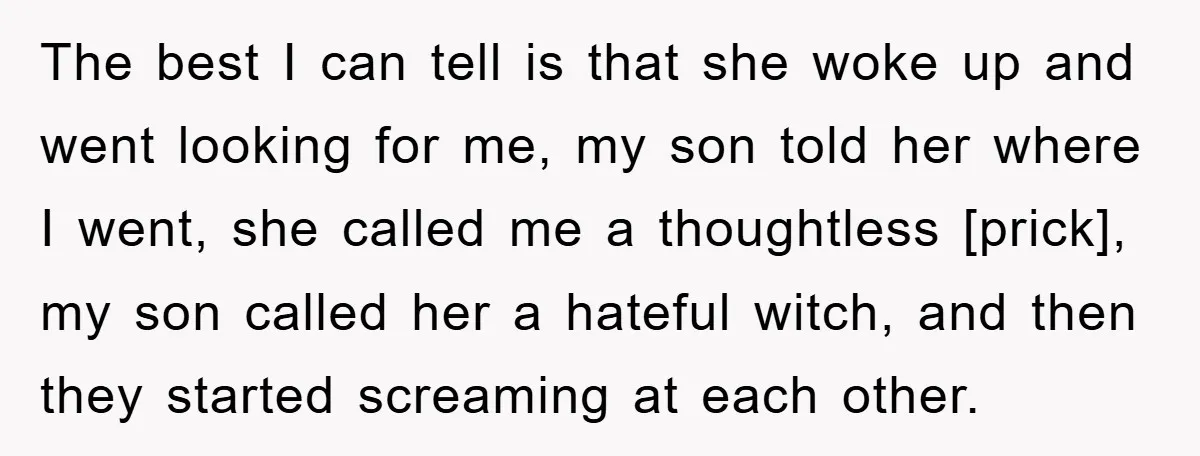The best I can tell is that she woke up and went looking for me, my son told her where I went, she called me a thoughtless [prick], my son...