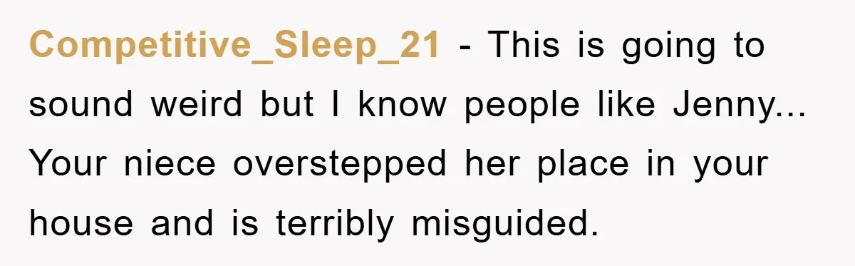 Competitive_Sleep_21 - This is going to sound weird but I know people like Jenny... Your niece overstepped her place in your house and is terribly misguided.