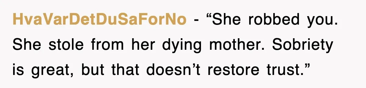 HvaVarDetDuSaForNo - “She robbed you. She stole from her dying mother. Sobriety is great, but that doesn’t restore trust.”