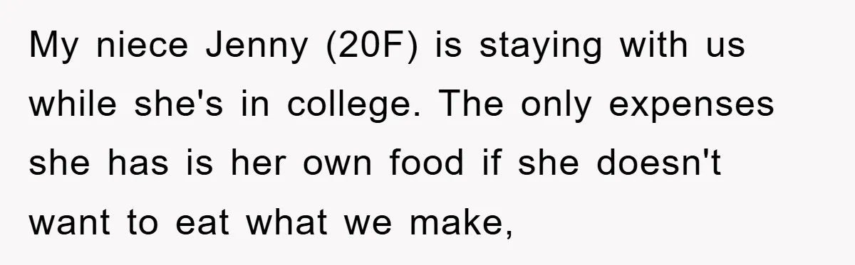 My niece Jenny (20F) is staying with us while she's in college. The only expenses she has is her own food if she doesn't want to eat what we make,