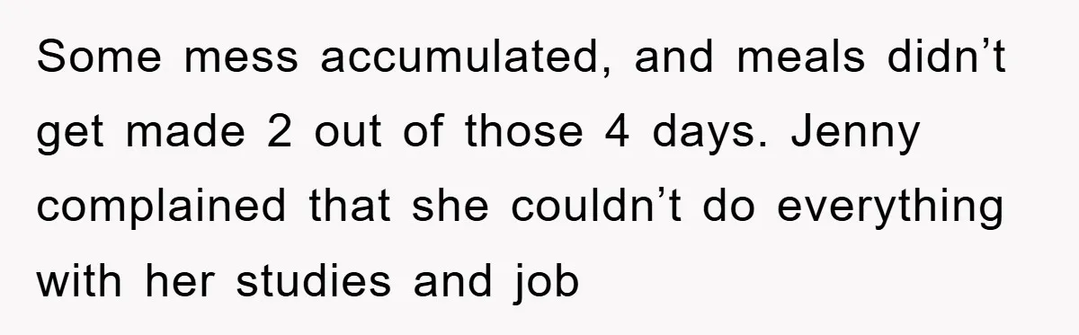 Some mess accumulated, and meals didn’t get made 2 out of those 4 days. Jenny complained that she couldn’t do everything with her studies and job