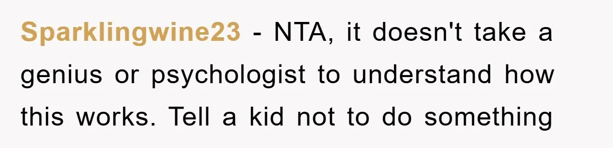 Sparklingwine23 - NTA, it doesn't take a genius or psychologist to understand how this works. Tell a kid not to do something