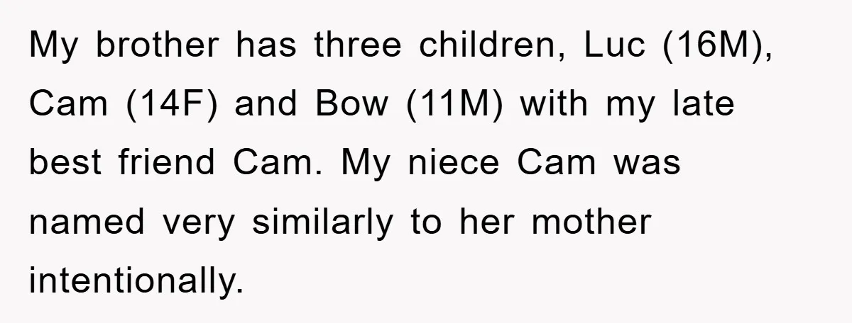 My brother has three children, Luc (16M), Cam (14F) and Bow (11M) with my late best friend Cam. My niece Cam was named very similarly to her mother intentionally.