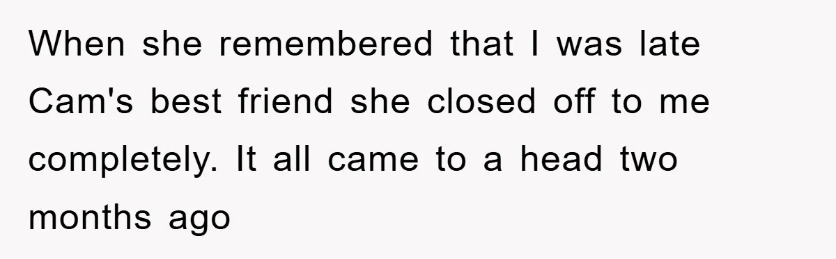 When she remembered that I was late Cam's best friend she closed off to me completely. It all came to a head two months ago