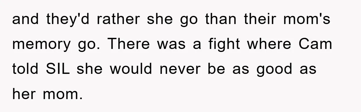 and they'd rather she go than their mom's memory go. There was a fight where Cam told SIL she would never be as good as her mom.