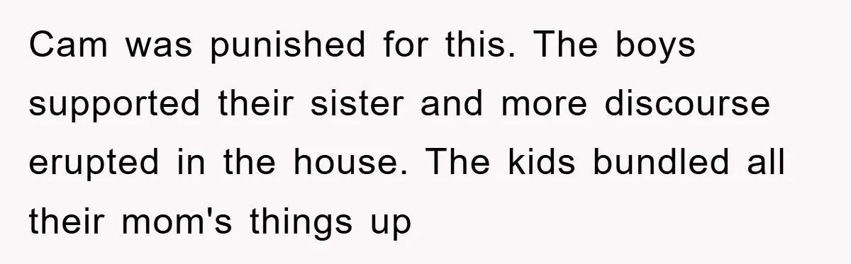 Cam was punished for this. The boys supported their sister and more discourse erupted in the house. The kids bundled all their mom's things up