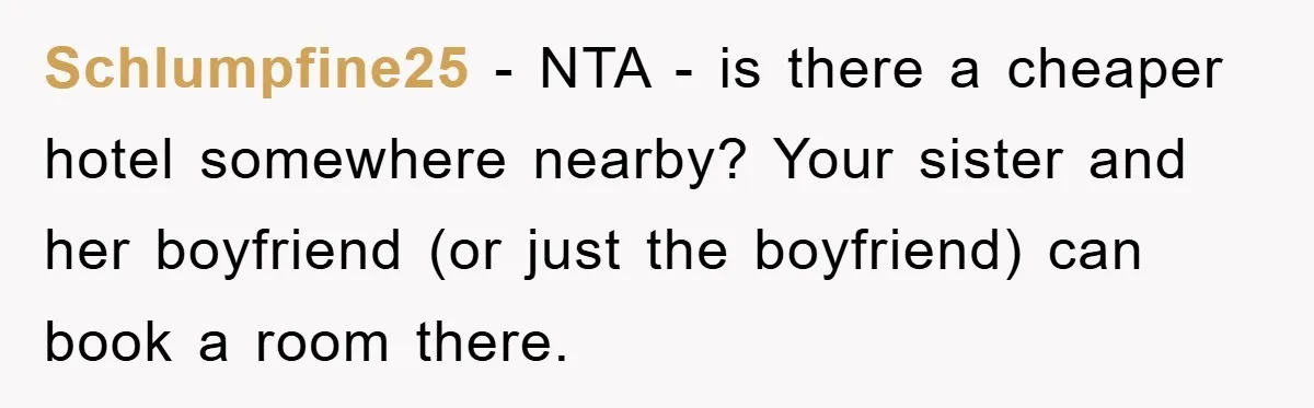 Schlumpfine25 − NTA - is there a cheaper hotel somewhere nearby? Your sister and her boyfriend (or just the boyfriend) can book a room there.