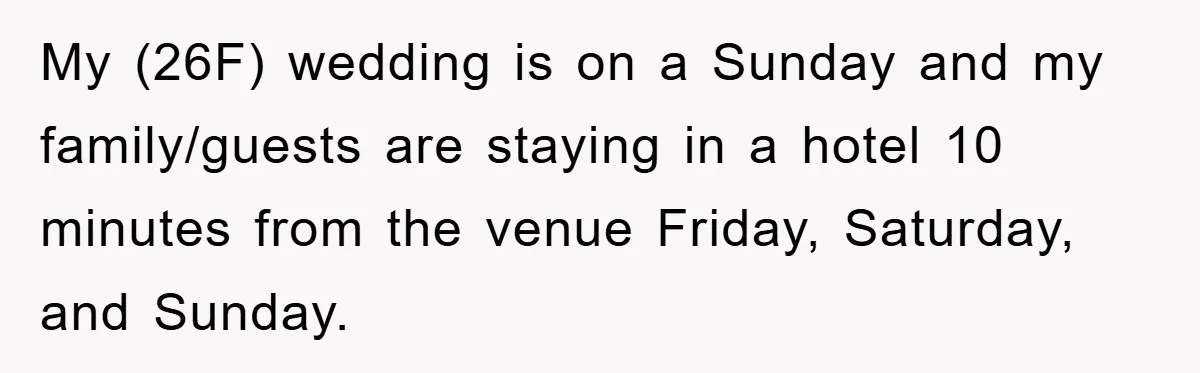My (26F) wedding is on a Sunday and my family/guests are staying in a hotel 10 minutes from the venue Friday, Saturday, and Sunday.