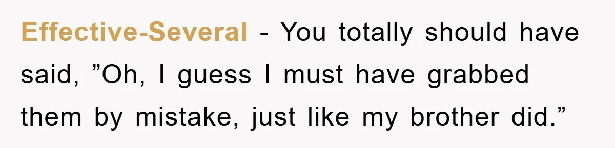 Effective-Several - You totally should have said, ”Oh, I guess I must have grabbed them by mistake, just like my brother did.”