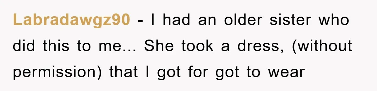 Labradawgz90 - I had an older sister who did this to me... She took a dress, (without permission) that I got for got to wear