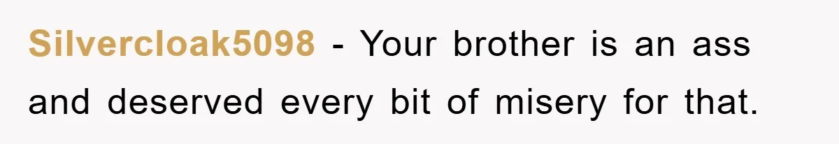 Silvercloak5098 - Your brother is an ass and deserved every bit of misery for that.