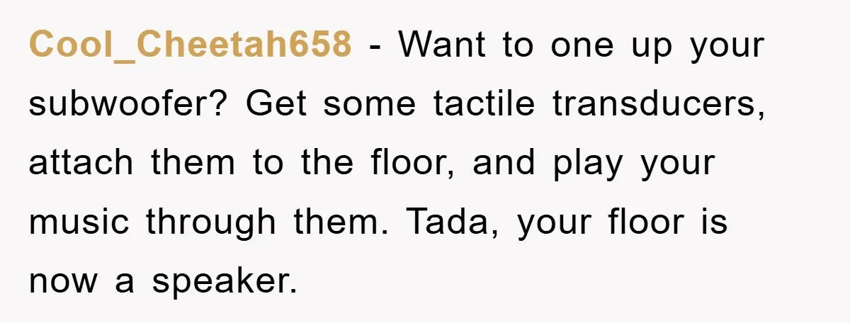 Cool_Cheetah658 - Want to one up your subwoofer? Get some tactile transducers, attach them to the floor, and play your music through them. Tada, your floor is now a speaker.