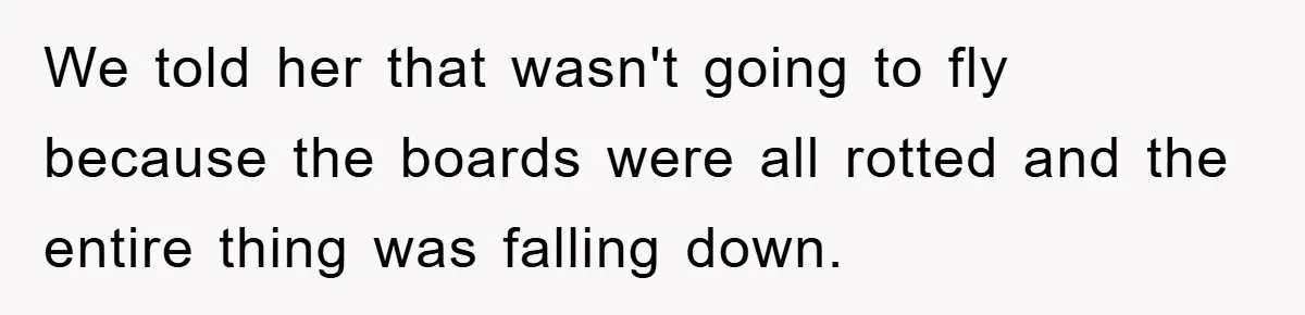We told her that wasn't going to fly because the boards were all rotted and the entire thing was falling down.