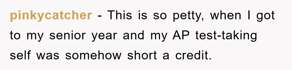pinkycatcher − This is so petty, when I got to my senior year and my AP test-taking self was somehow short a credit.