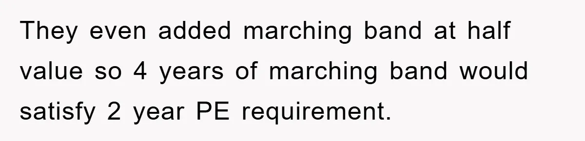 They even added marching band at half value so 4 years of marching band would satisfy 2 year PE requirement.