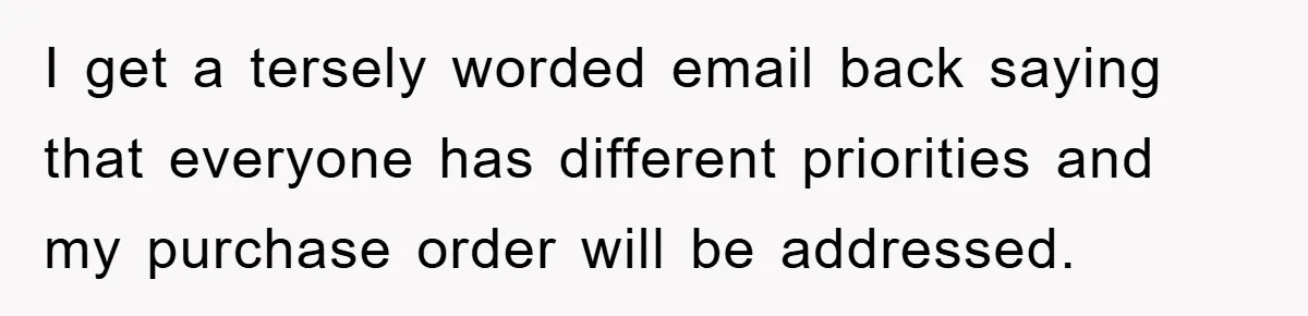 I get a tersely worded email back saying that everyone has different priorities and my purchase order will be addressed.