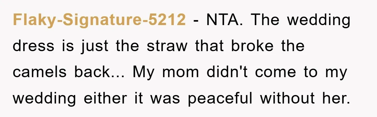 Flaky-Signature-5212 - NTA. The wedding dress is just the straw that broke the camels back... My mom didn't come to my wedding either it was peaceful without her.
