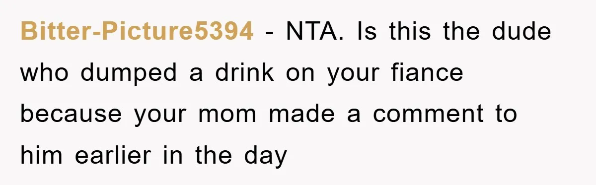 Bitter-Picture5394 - NTA. Is this the dude who dumped a drink on your fiance because your mom made a comment to him earlier in the day