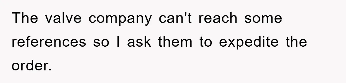 The valve company can't reach some references so I ask them to expedite the order.