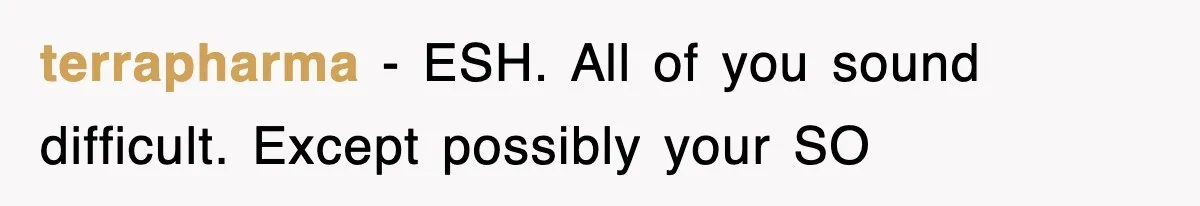 terrapharma − ESH. All of you sound difficult. Except possibly your SO