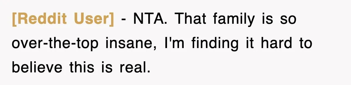 [Reddit User] − NTA. That family is so over-the-top insane, I'm finding it hard to believe this is real.