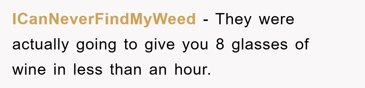 ICanNeverFindMyWeed − They were actually going to give you 8 glasses of wine in less than an hour.