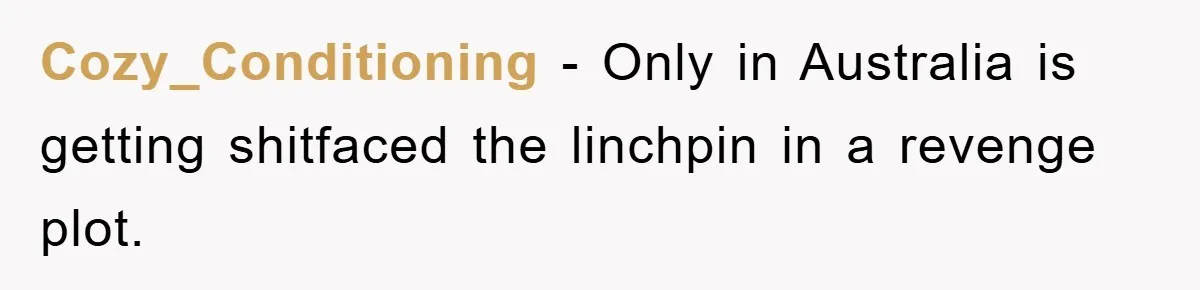 Cozy_Conditioning − Only in Australia is getting shitfaced the linchpin in a revenge plot.
