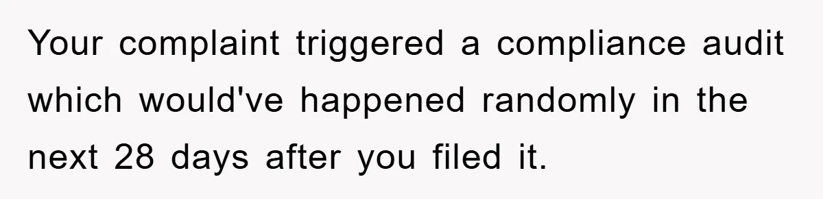 Your complaint triggered a compliance audit which would've happened randomly in the next 28 days after you filed it.