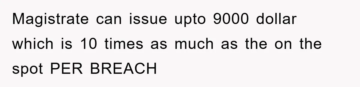 Magistrate can issue upto 9000 dollar which is 10 times as much as the on the spot PER BREACH